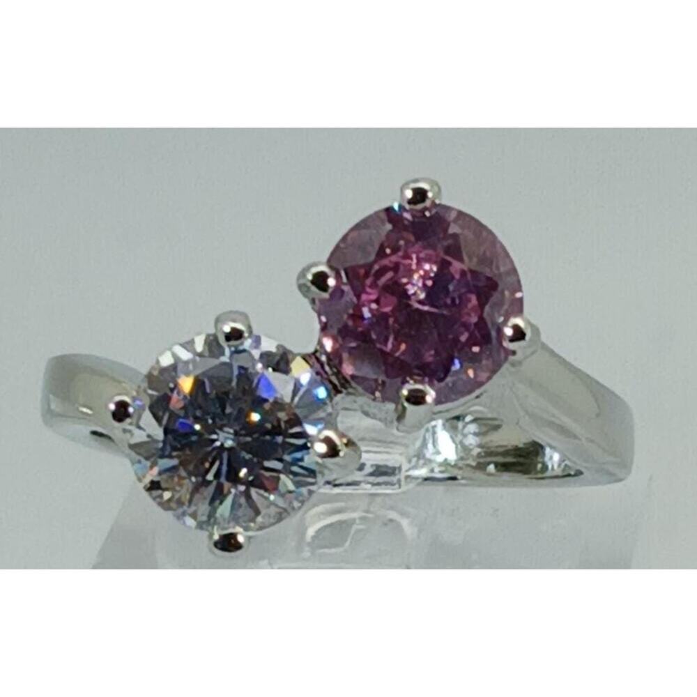 Vintage 90s Pink Sim Diamond CZ Silver Tone White Gold GP Engagement Ring Size 8